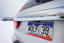 Car with number plate indicating support for wolves, Yellowstone National Park, USA, February.