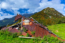 Collapsed farmhouse made of corrugated iron, Triglav National Park, Slovenia, October 2014.