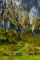 Mountainous landscape and dirt track in Triglav National Park, Slovenia, October 2014.