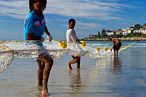 People installing shark exclusion nets designed to act as a barrier to sharks, but prevent capture or entanglement of marine animals.  Fish Hoek Beach, near Cape Town, Western Cape, South Africa. July...