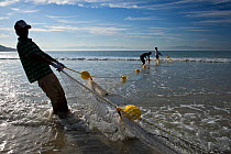 People installing shark exclusion nets designed to act as a barrier to sharks, but prevent capture or entanglement of marine animals.  Fish Hoek Beach, near Cape Town, Western Cape, South Africa. July...