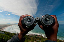 Shark spotter holding his binoculars, False Bay and Muizenberg Beach, near Cape Town, South Africa.
