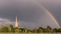 Salisbury Cathedral and rainbow, Salisbury, Wiltshire, UK. July 2014