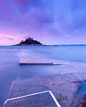 St Michael's Mount at dawn from the causeway, Marazion, Cornwall, UK. March 2015.