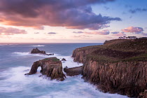 View towards the Armed Knight at dusk, Land's End, Cornwall, UK. February 2015.