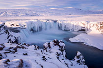 Godafoss waterfall frozen during winter, Bardardalur District, North-Central Iceland. February 2015.