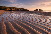RF- Holywell Bay in evening light and sand ripples, near Newquay, Cornwall, UK. June 2015. (This image may be licensed either as rights managed or royalty free.)