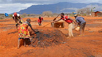 Group of men and women unearthing bits of charcoal from a charcoal pile along the Mombasa to Nairobi Highway, Kenya, 2014.