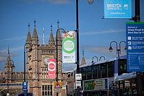 Banners for Bristol European Green Capital 2015 in front of Bristol Temple Meads train station, Bristol, England, UK. August 2015.
