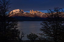 Lago Pehoe with Horns of Torres del Paine in back. Torres del Paine National Park, Patagonia, Chile.