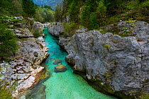Soca River running through Great Soca Gorge, Lepena Valley, Julian Alps, Bovec, Slovenia, October 2014.