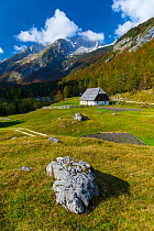 House in Soca valley, Triglav National Park,  Julian Alps, Bovec, Slovenia, October 2014.