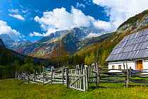 House in Soca valley, Triglav National Park,  Julian Alps, Bovec, Slovenia, October 2014.