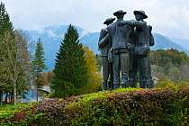 Statue of the first climbers of Triglav, Ribcev Laz, Lake Bohinj, Triglav National Park, Julian Alps, Slovenia, October 2014.