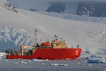 RV Laurence M. Gould icebreaker used by researchers from the United States' National Science Foundation, anchored off Petermann Island, Antarctica. November 2007.