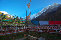 Prayer flags at  shrine with Tormas, sculptures made with Tsampa and Yak Butter, with Mount Gyala Peri and Mount  Jialabaili, Yarlung Zangbo Grand Canyon National Park, Nyingchi Prefecture, Tibet, Chi...