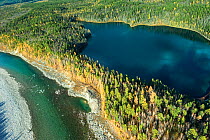 Aerial view Ketoy river and Anoy lake, Siberia, Russia. October 2010.