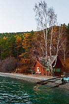 Russian nanya or sauna on the shore of Lake Baikal, Russia, October 2011.