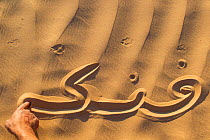 Fennec fox (Vulpes zerda) tracks and its name written in Arabic on sand. Grand Erg Oriental, Kebili Governorate. Tunisia.