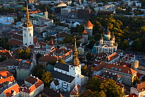 Aerial view of Tallinn Old Town, from the left St. Nicholas Church, St. Mary's Cathedral in the middle and Alexander Nevsky Cathedral on the right. Tallinn, Estonia, October 2013.