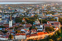 Aerial view of Tallinn Old Town, from the left St. Nicholas Church, St. Mary's Cathedral and Alexander Nevsky Cathedral, in the middle and the Parliament building on the right.  Estonia, October 2013.