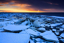 Broken ice covered in snow at sunset, on the shore of Lake Vortsjarv, gathered to shore by extreme winds, Estonia. December 2014.