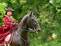 Lady dressed in period costume, rides side saddle a rare black Kladruber horse/stallion, at the Great Riding festival, in Slatinany national stud, Pardubice Region, Czech Republic. June 2015.