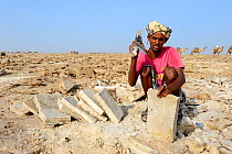Afar man cutting salt into blocks, Lake Assale, Danakil Depression, Afar region, Ethiopia, March 2015.