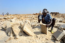 Afar man cutting salt into blocks, Lake Assale, Danakil Depression, Afar region, Ethiopia, March 2015.