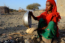 Afar tribe woman baking bread with a hot stone, Malab-Dei village, Danakil depression, Afar region, Ethiopia, March 2015.