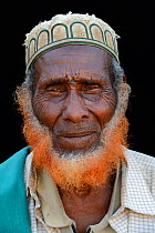 Head portrait of old Afar man, with beard dyed with henna, Ahmed Ela village, Danakil depression, Afar region.  Ethiopia, March 2015.