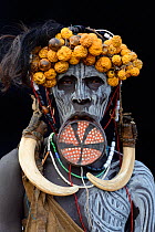 Portrait of woman from the Mursi tribe, traditionally decorated and painted, wearing a large clay lip plate, Omo Valley, Ethiopia, March 2015.