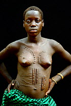 Young woman from the Bodi tribe displaying elaborate skin scarification on her body, Omo Valley, Ethiopia, March 2015.