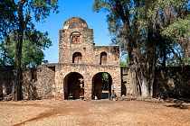 Walls and the impressive gate to enter the grounds of the Debre Birhan Selassie (Trinity and Mountain of Light) Church in the outskirts of Gondar, Amhara Region, Semien Gondar Zone, Ethiopia, Africa,...