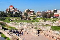 Tourists visiting the remains of the Roman Agora, Athens, Greece, Mediterranean, January 2011.