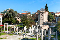 Roman Agora in Athens (foreground) and in the background (right) the Tower of the Winds or the Horologion of Andronikos Kyrrhestes, Athens, Greece, Mediterranean, January 2011.