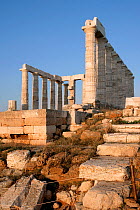 Ancient Greek temple of Poseidon, the god of the sea. Cape Sounion, Attica Peninsula, Mediterranean, Greece. July 2014.