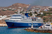 Blue Star Ferry  docked on the harbor of Mykonos Town, Mykonos Island, Cyclades, Aegean Sea, Mediterranean, Greece, August 2007.