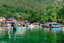 Small fisherman houses, fishing boats and an abandoned and sinking wooden fishing boat, close to the city of Bitung. Lembeh Strait, Molucca Sea, Sulawesi, Indonesia, Indo-Pacific, March.