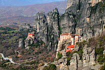 Two Greek Orthodox rock Monasteries  in Meteora. The Holy Monastery of Rousanou/St. Barbara (foreground right) which was founded in the middle of 16th century and in the background the Holy Monastery...