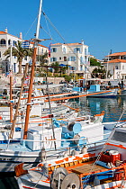 Small Greek fishing boats called caique tied at the dock in harbour, Spetses Island, Aegean Sea, Mediterranean, Greece, April 2009