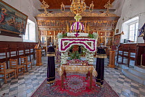Floral decoration surrounding epitaph in Greek Orthodox Church of Saint John the Baptist, on the morning of Good Friday.  Spetses Island, Aegean Sea, Greece, Mediterranean, April 2009