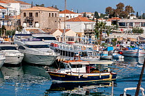 Luxury yachts docked in harbour, Spetses Island, Aegean Sea, Greece, Mediterranean, April 2009