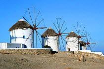 Windmills, Mykonos Island, Cyclades, Aegean Sea, Mediterranean, Greece, August 2007