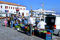Small fruit and vegetable open air market, Mykonos Island, Cyclades, Aegean Sea, Greece, August 2007