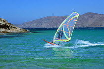 Windsurfer at Korfos Bay,  Mykonos Island, Cyclades, Aegean Sea, Mediterranean, Greece, August 2007