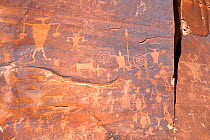 Petroglyphs in sandstone cliff, from the Formative period (between 1000 BC and 500 AD) Moab Area, Colorado, USA. September 2013.