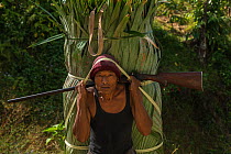 Konyak Naga woman carrying palm leaves to be used for roofing. Mon district. Nagaland,  North East India, October 2014.