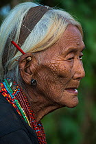 Elderly Konyak Naga woman with traditional jewelry. Mon district. Nagaland,  North East India, October 2014.