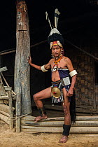 Chang Naga man in festival dress with tiger claws (Panthera tigris) around his face, Hornbill (Bucerotidae) feathers on hat, and Wild boar (Sus scrofa) tusks on hat. Chang Naga headhunting Tribe. Tuen...